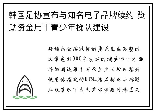 韩国足协宣布与知名电子品牌续约 赞助资金用于青少年梯队建设 韩国足协宣布与知名电子品牌续约 赞助资金用于青少年梯队建设